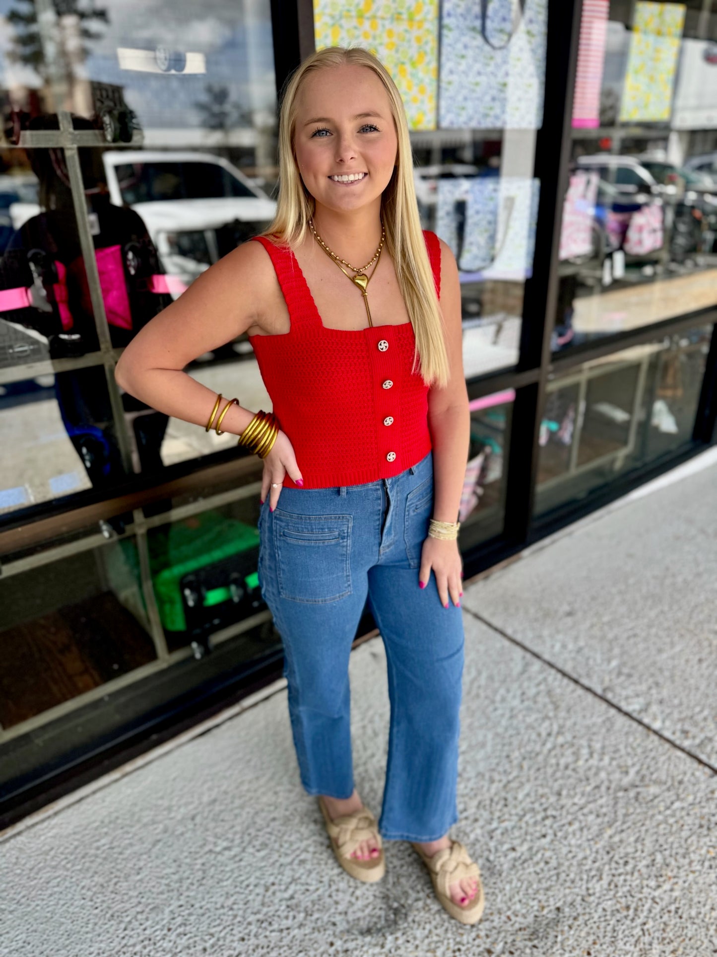 Button Crochet Crop Top- Red