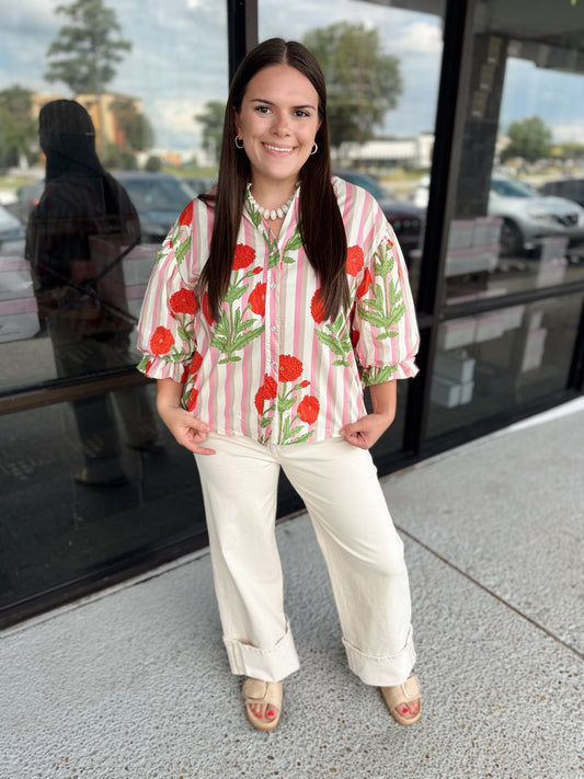 Stripe Floral Babe Top - pink mix