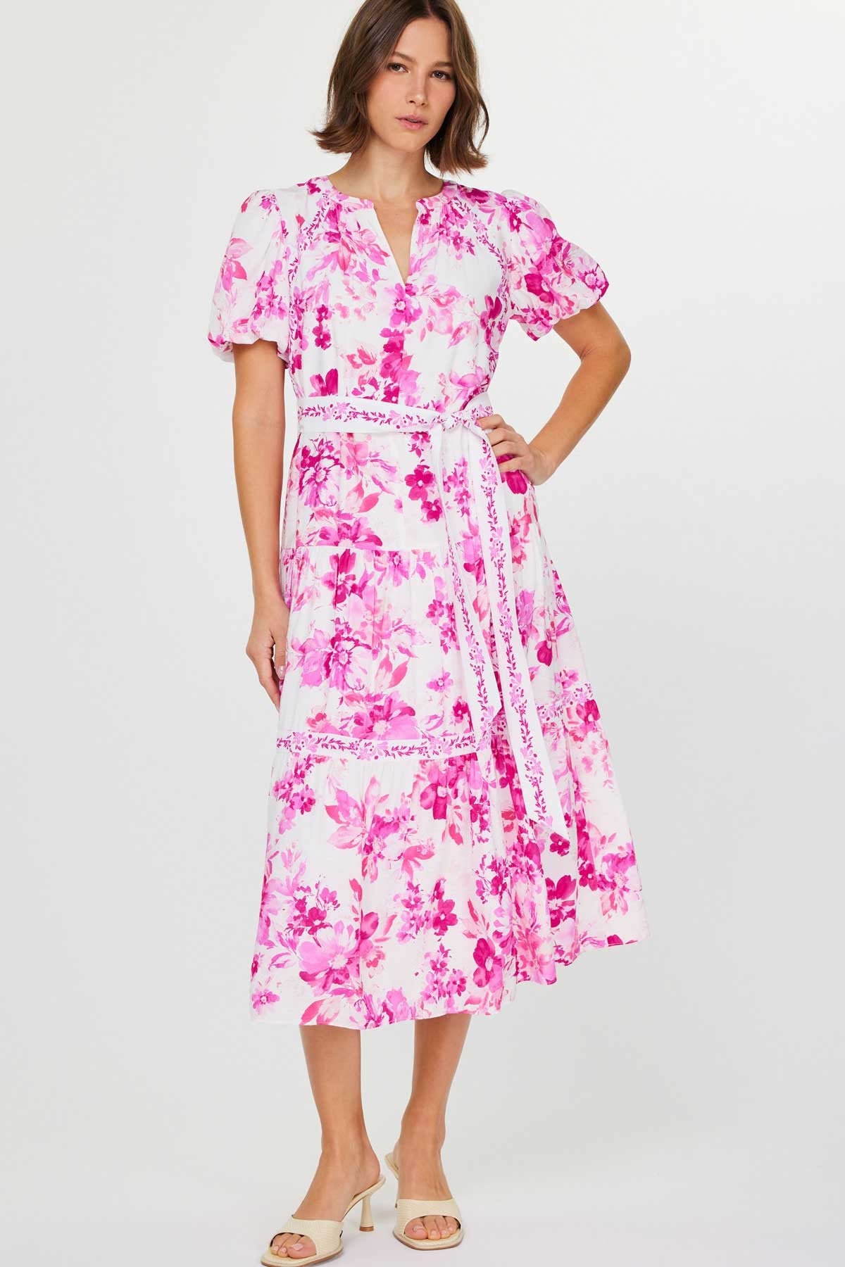 FLORAL PRINTED MIDI DREES W/CONTRAST BELT-PINK MULTI