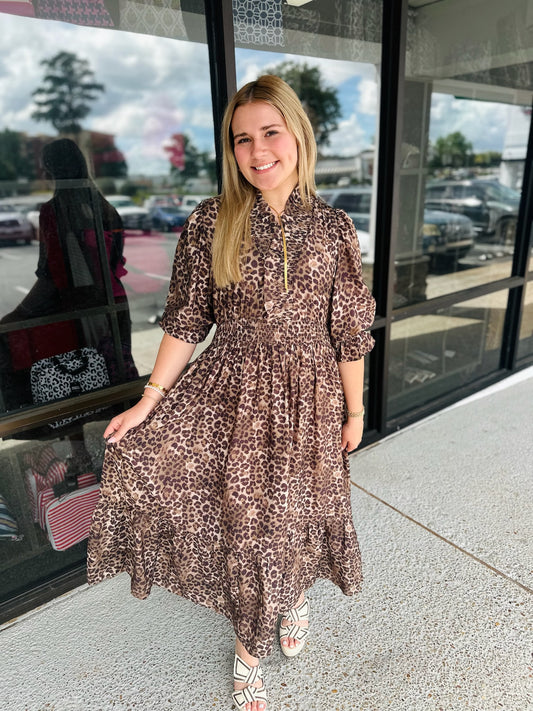 Animal Print Puff Sleeve Midi