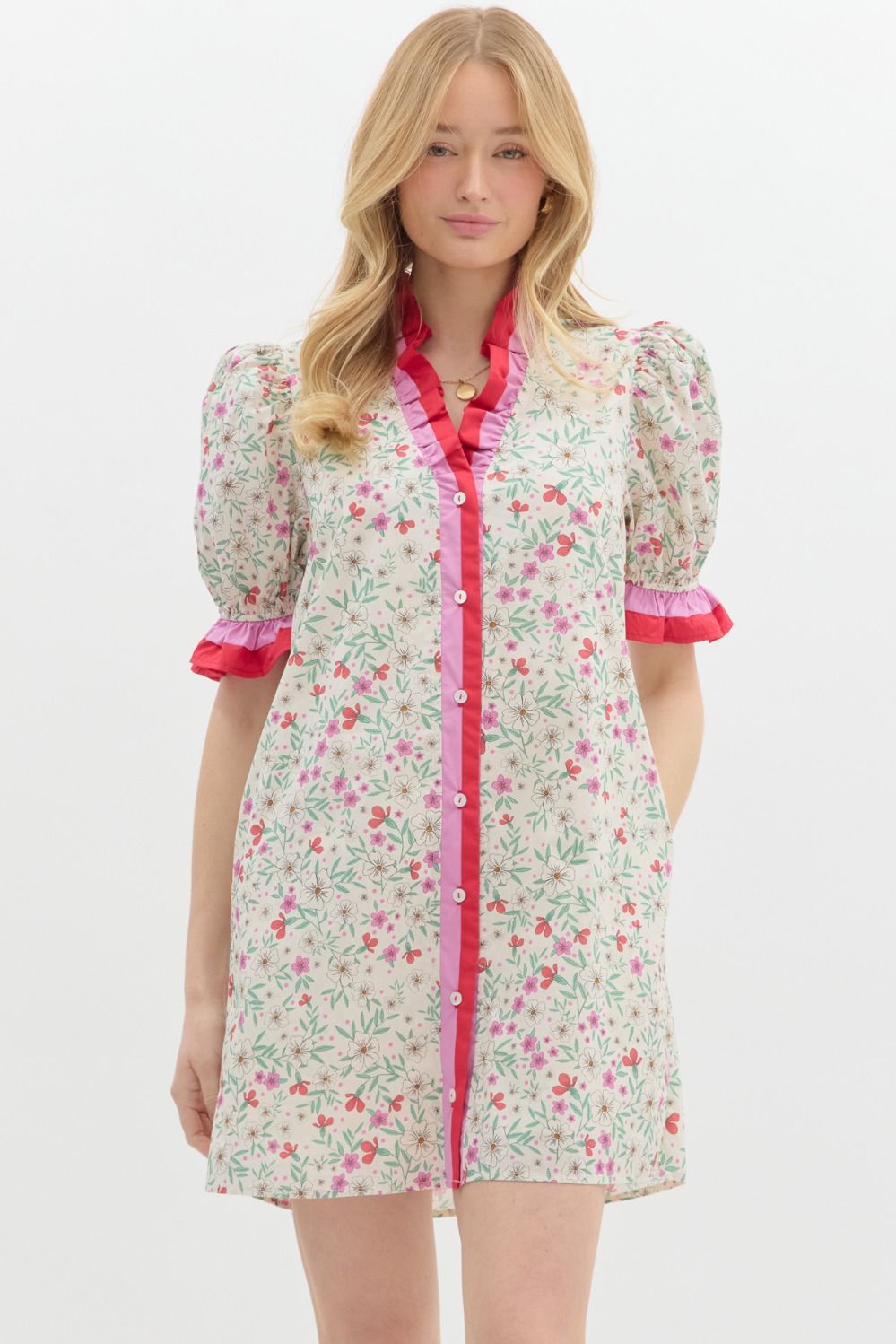 Floral Button Ruffle Mini- Pink/Ecru Mix