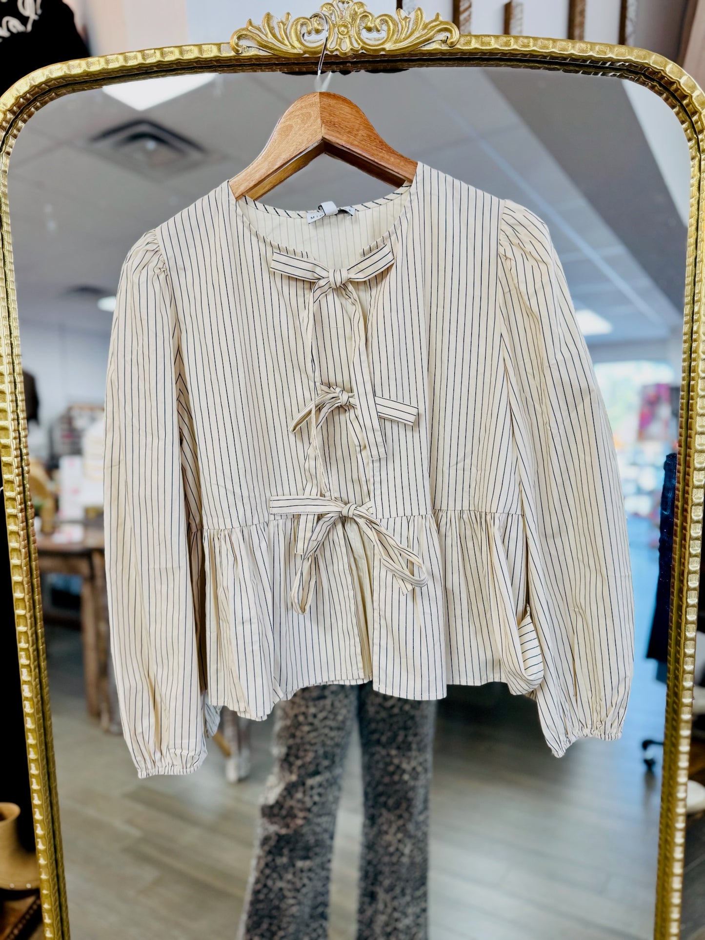 Striped Woven Blouse- Beige/Navy