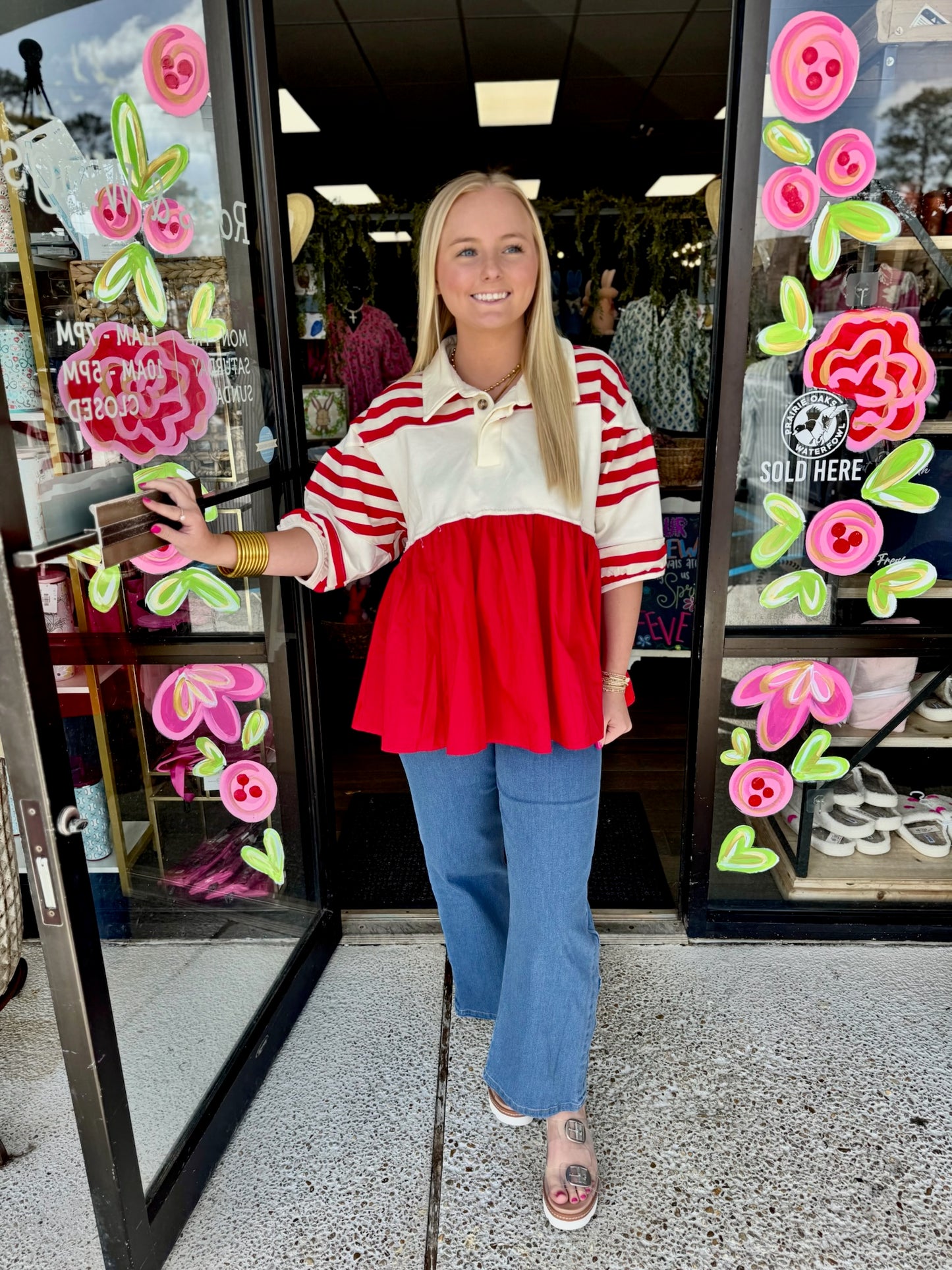 Short Puff Sleeve-Red/Cream