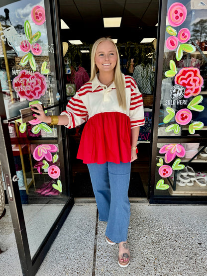 Short Puff Sleeve-Red/Cream