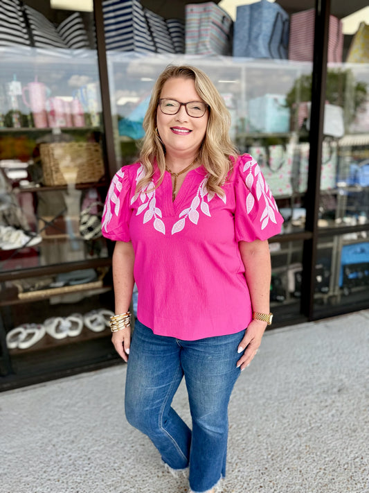 Leaf Embroidered Puffed Sleeves Top-Hot Pink