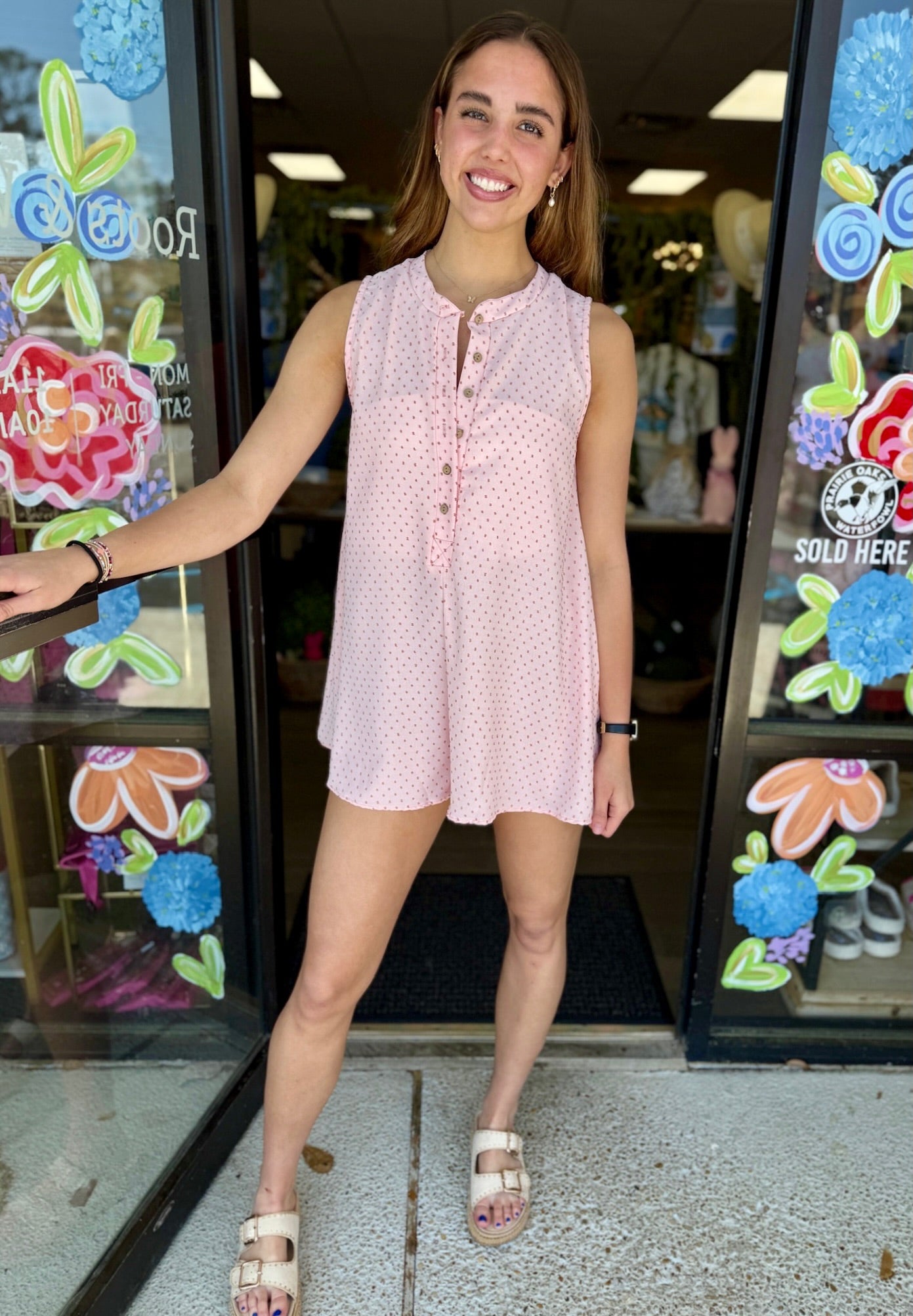 Embroidered Dot Print Romper-Blush