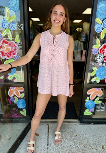 Embroidered Dot Print Romper-Blush