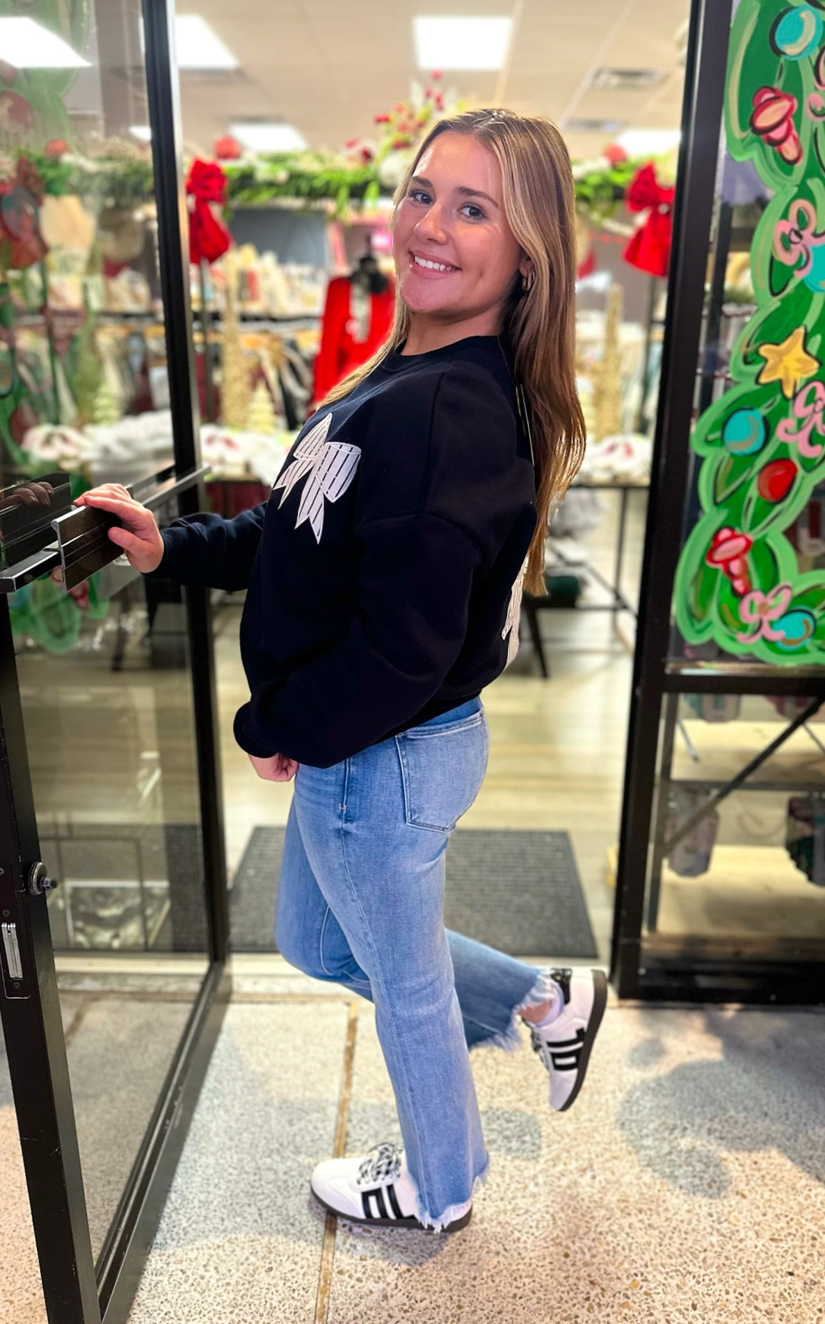 Striped Bow Patch Sweatshirt-Navy