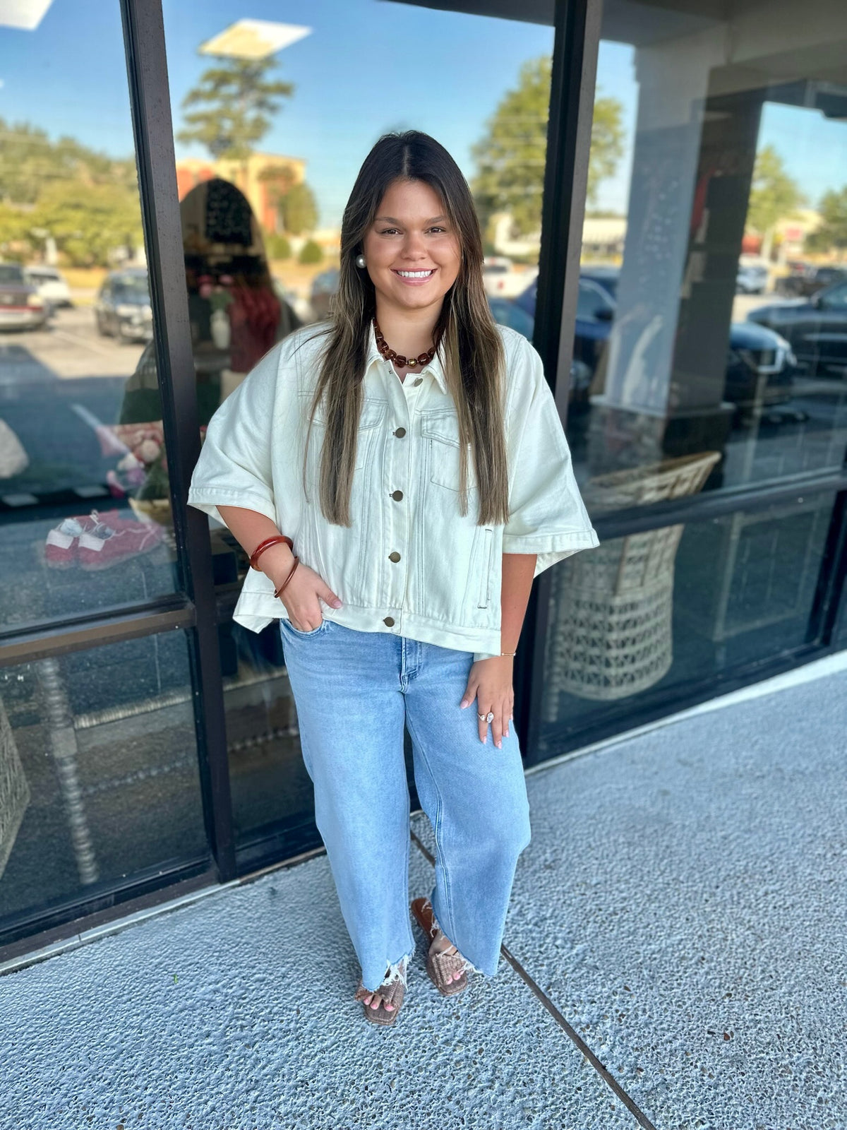 Ivory Oversized Cape Sleeve Cropped Denim Jacket
