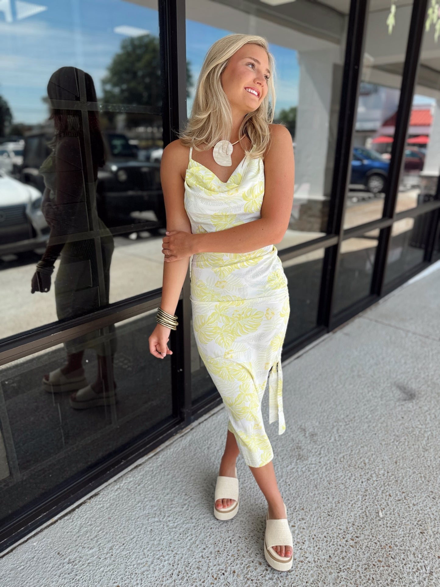 Floral Ruched Midi Dress - yellow