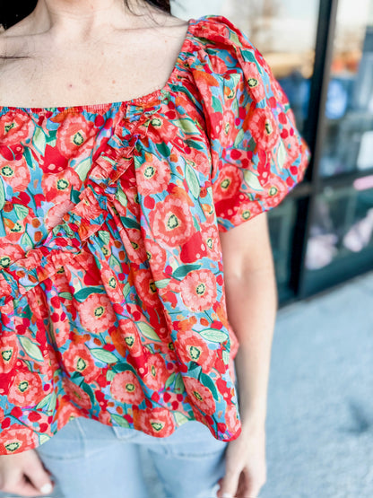 Floral Asymmetrical Blouse-Red