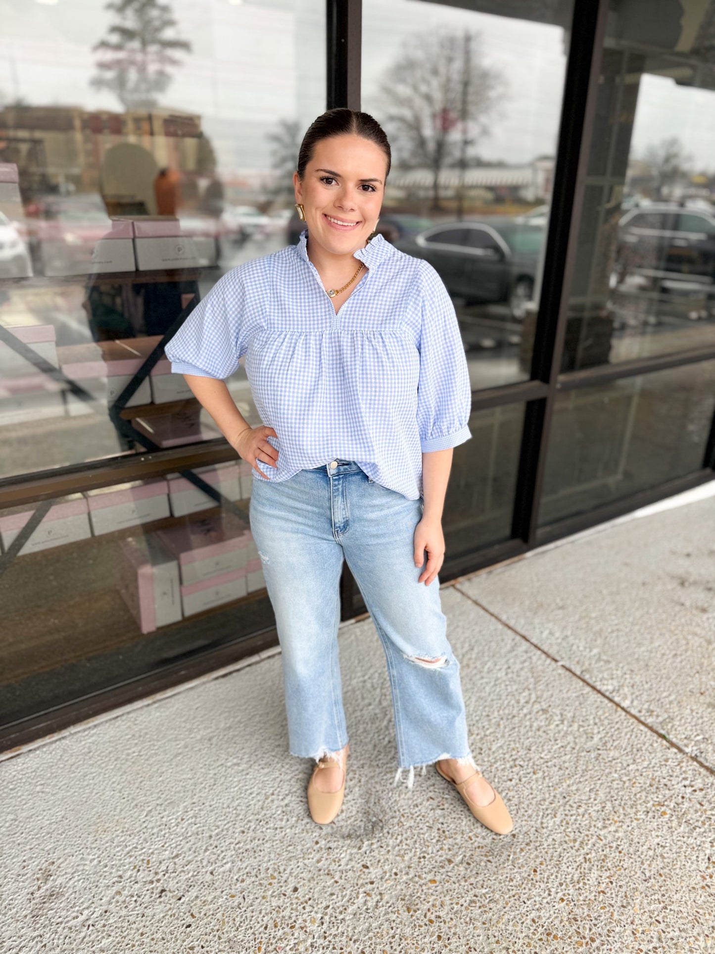 Plaid Girly Pop Top - sky/white