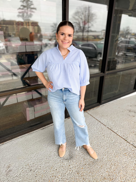 Plaid Girly Pop Top - sky/white