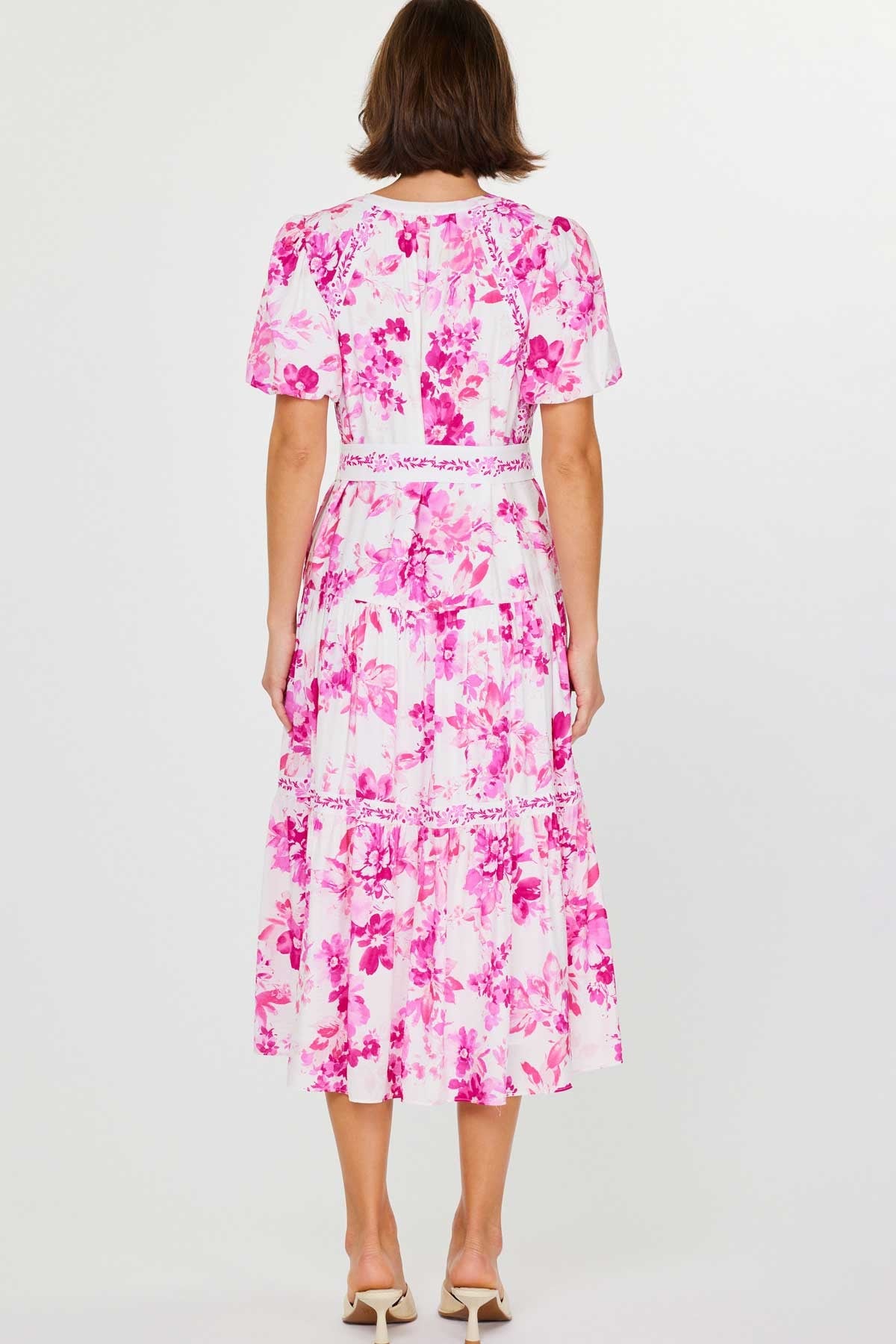 FLORAL PRINTED MIDI DREES W/CONTRAST BELT-PINK MULTI