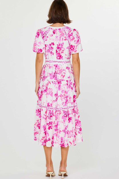 FLORAL PRINTED MIDI DREES W/CONTRAST BELT-PINK MULTI