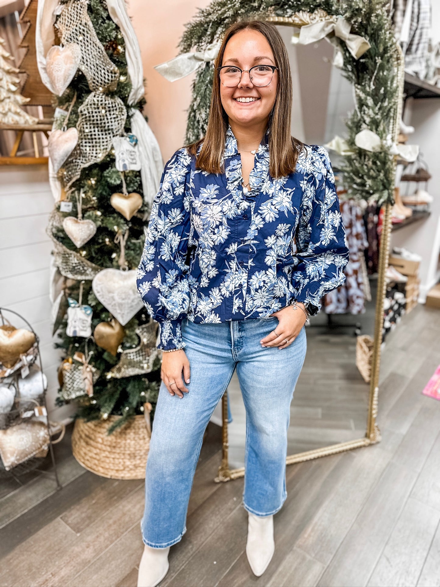 Floral Print Poplin Blouse- Navy