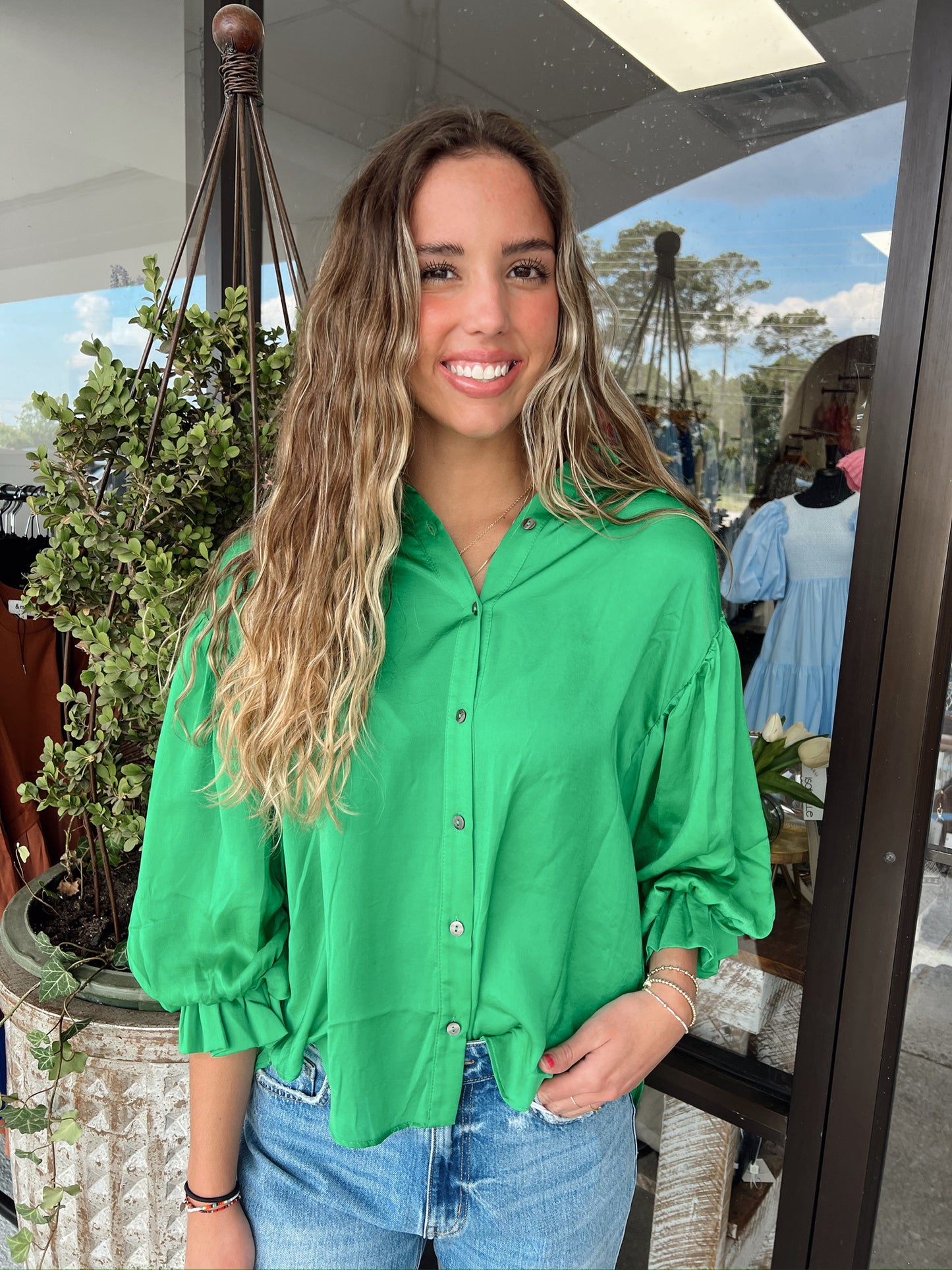 Bubble Sleeve Top- Kelly Green