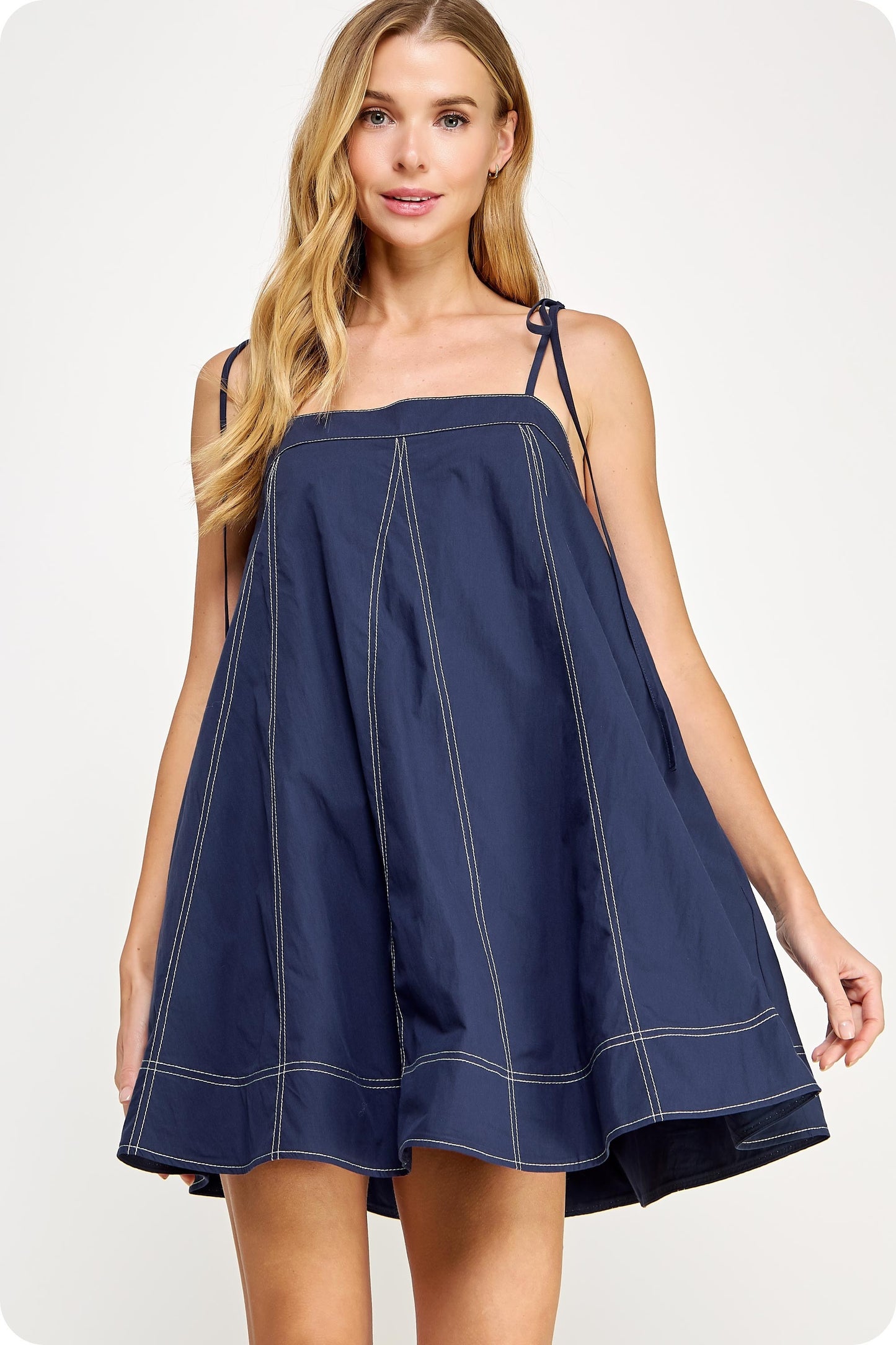 Contrast Top Stitch Mini Dress-Navy