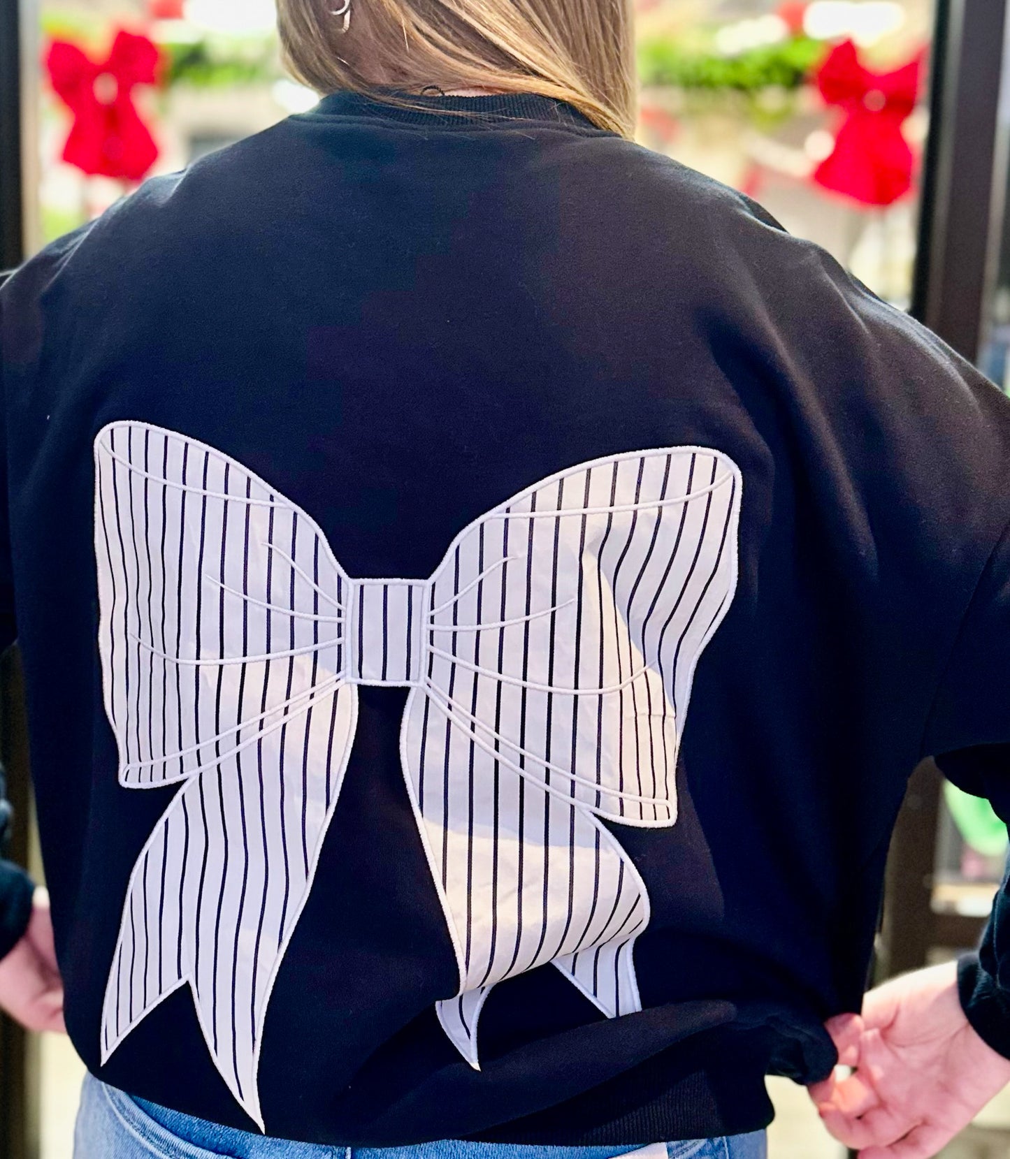 Striped Bow Patch Sweatshirt-Navy