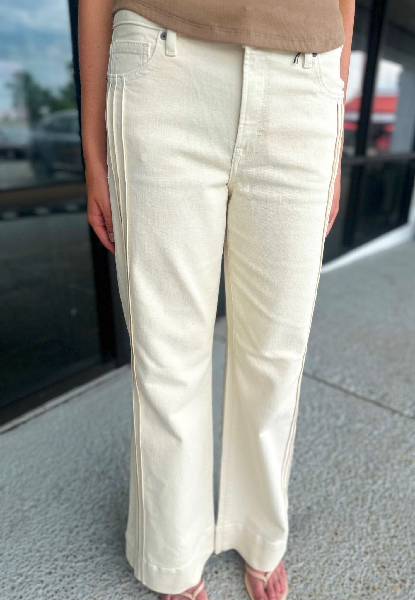 Ecru Pintuck Mid Rise Denim