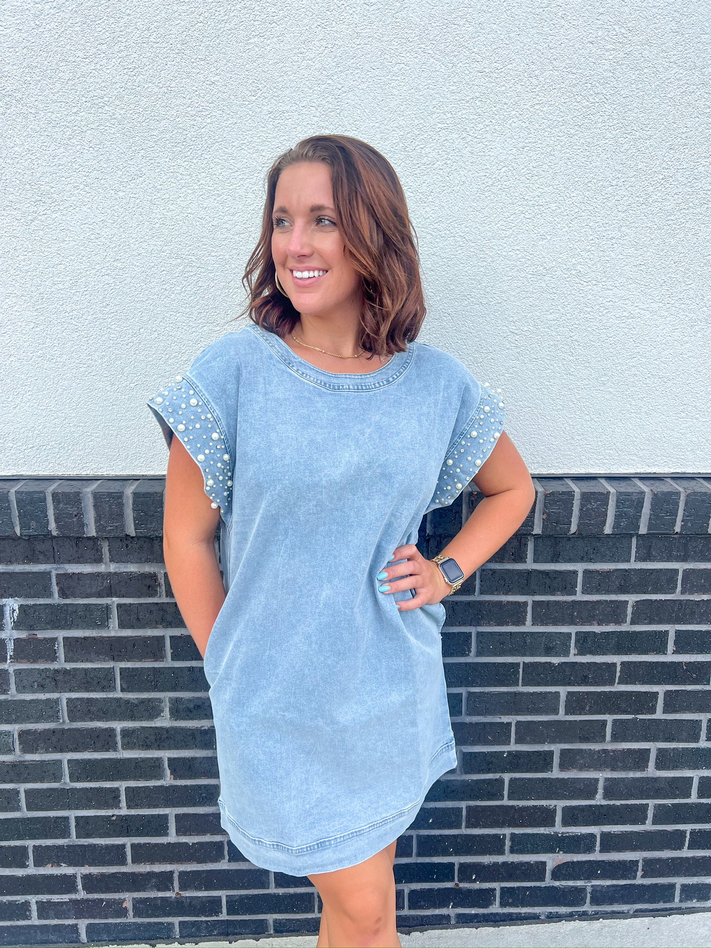 Pearl Fever Denim Dress- Light Wash