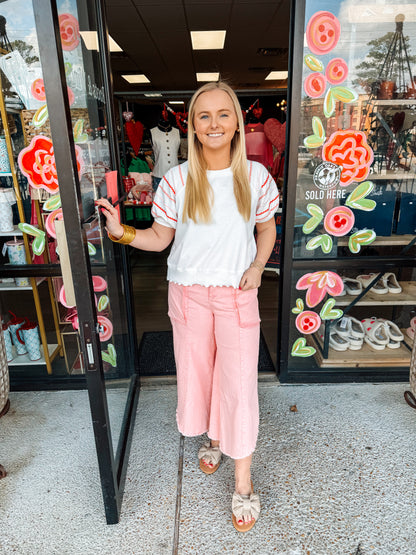 Washed Wide Crop Pants- Baby Pink