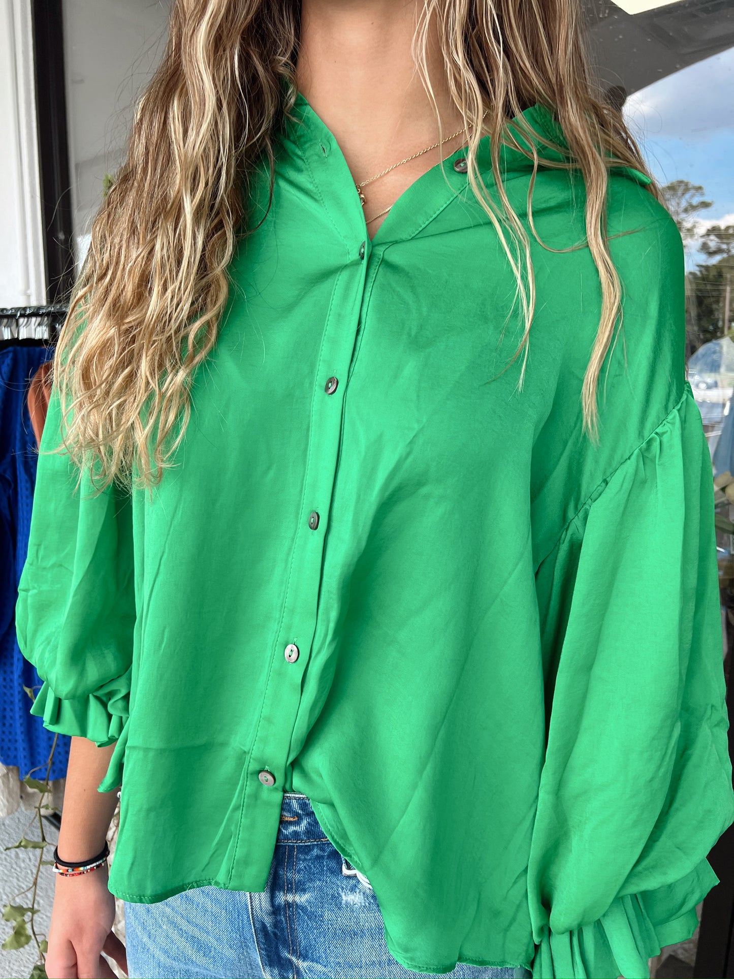 Bubble Sleeve Top- Kelly Green