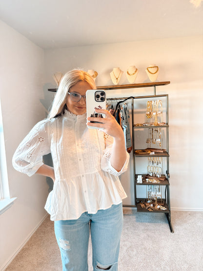 Eyelet Laced Ruffled Top- Off White