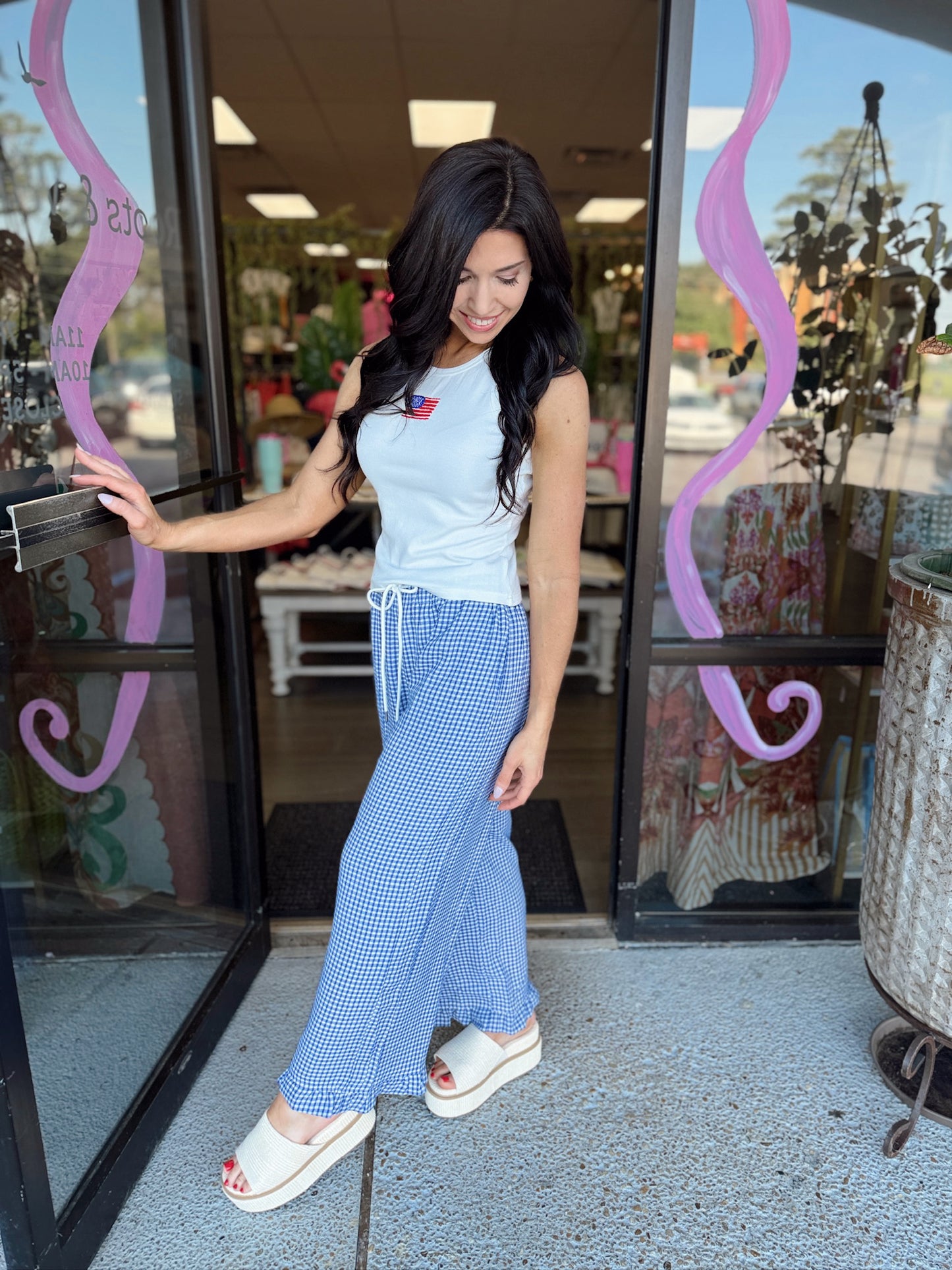 Checkered Gingham Fully Lined Pants - navy