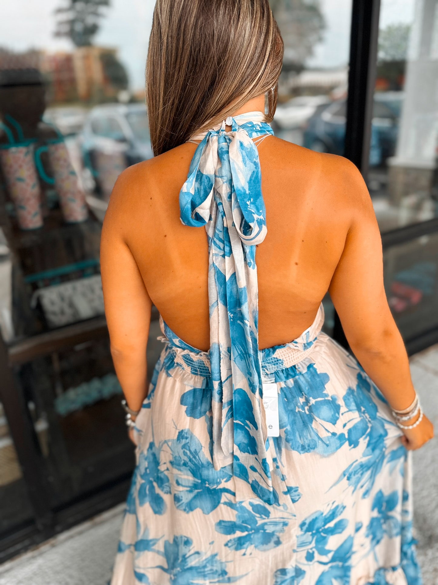 Sandy Halter Maxi- Cream/Blue