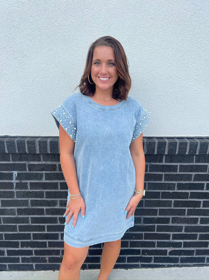 Pearl Fever Denim Dress- Light Wash