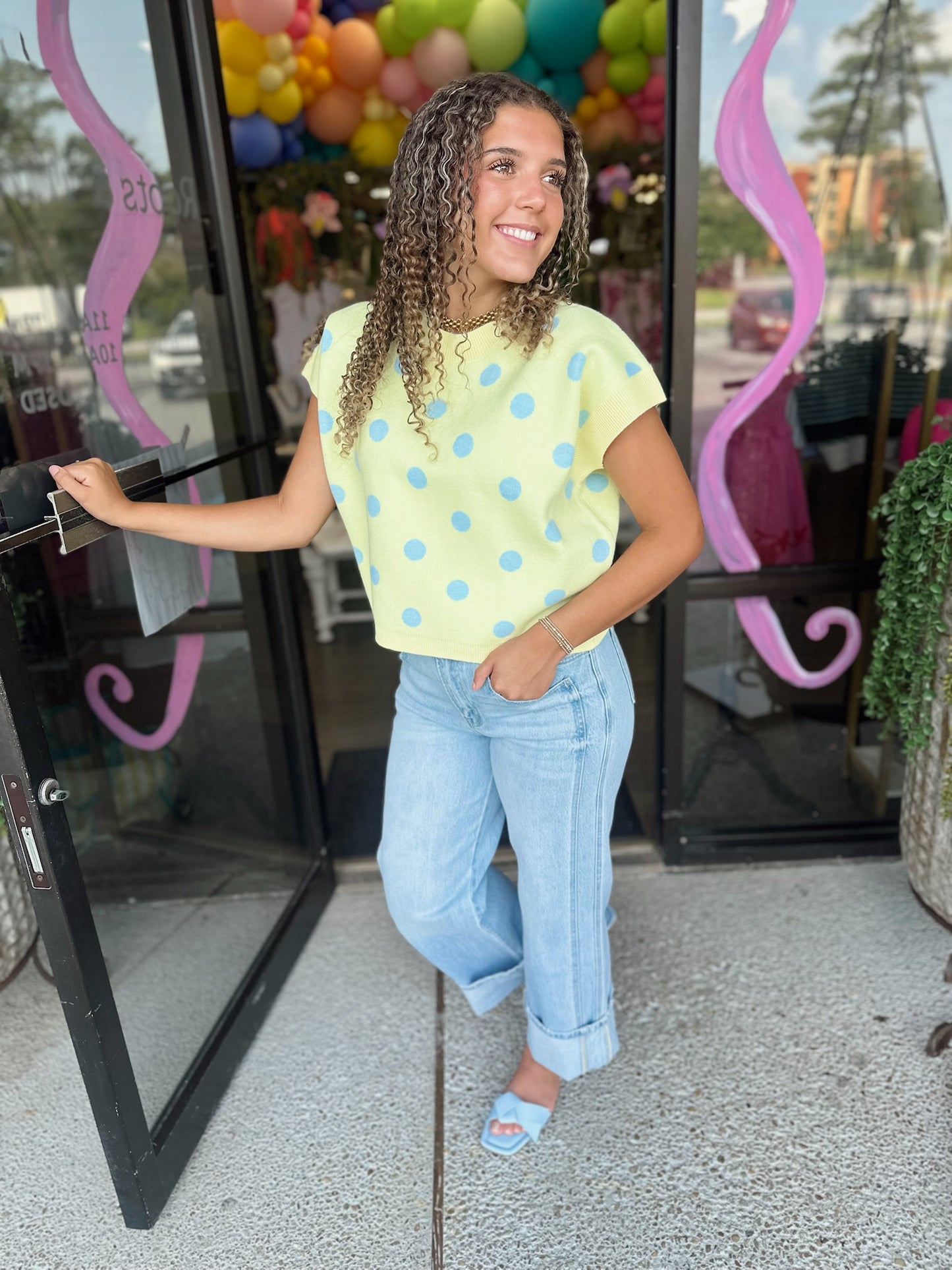 Polka Babe Top - lemon/lt blue