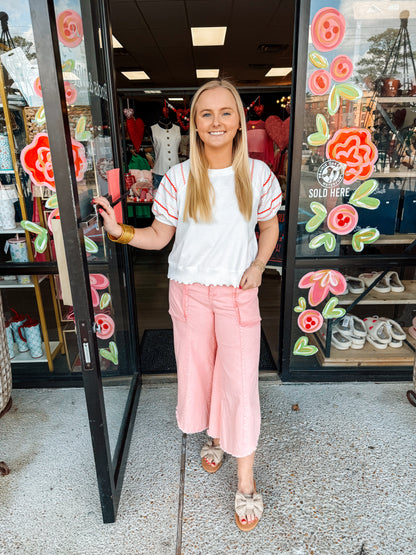 Washed Wide Crop Pants- Baby Pink