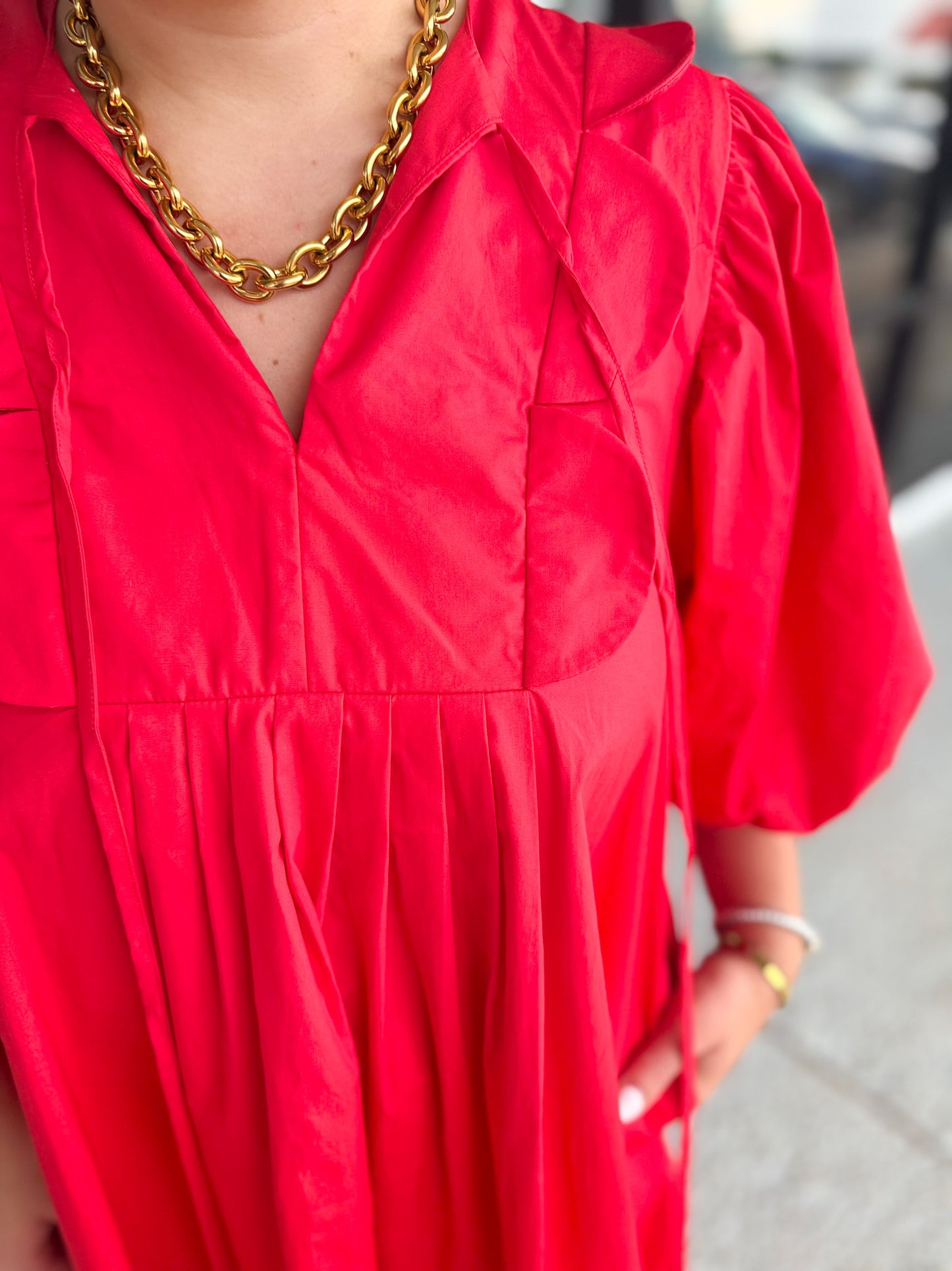 Scallop Puff Dress-Cherry Red