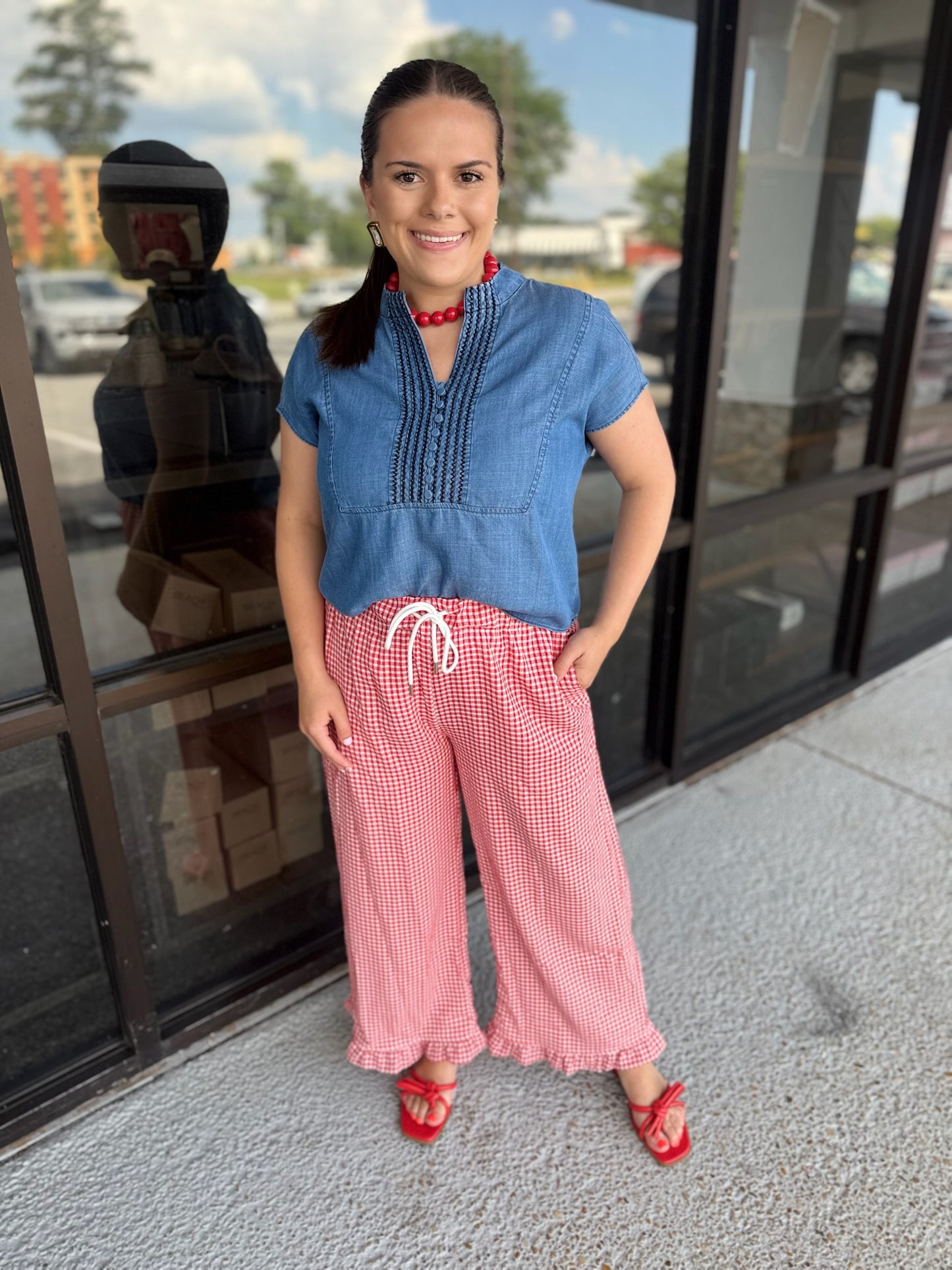 Checkered Gingham Fully Lined Pants - red