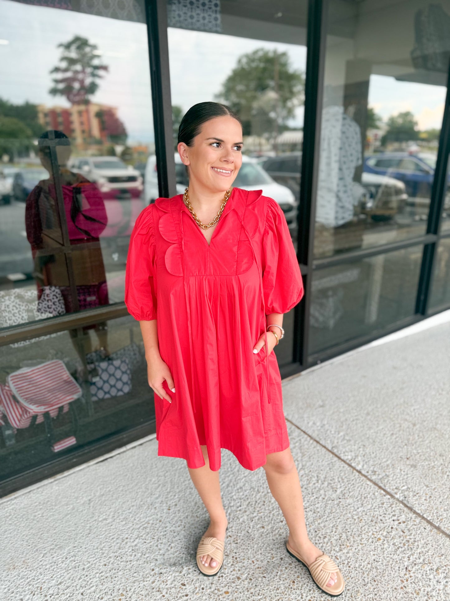 Scallop Puff Dress-Cherry Red