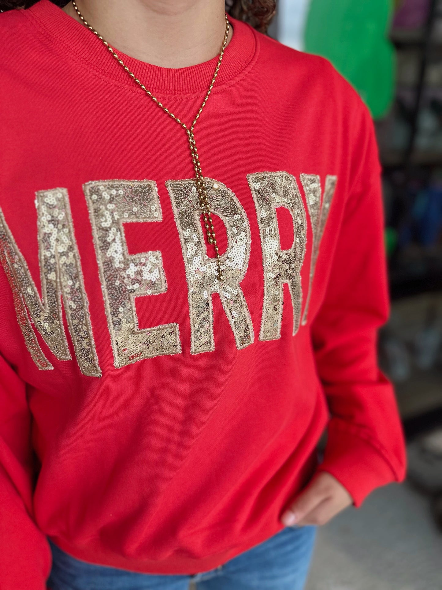 Merry Sequin Sweatshirt - Red/Gold