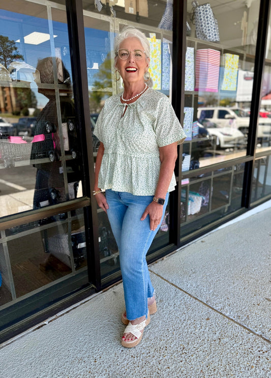 Floral Babydoll Blouse-Sage/Cream