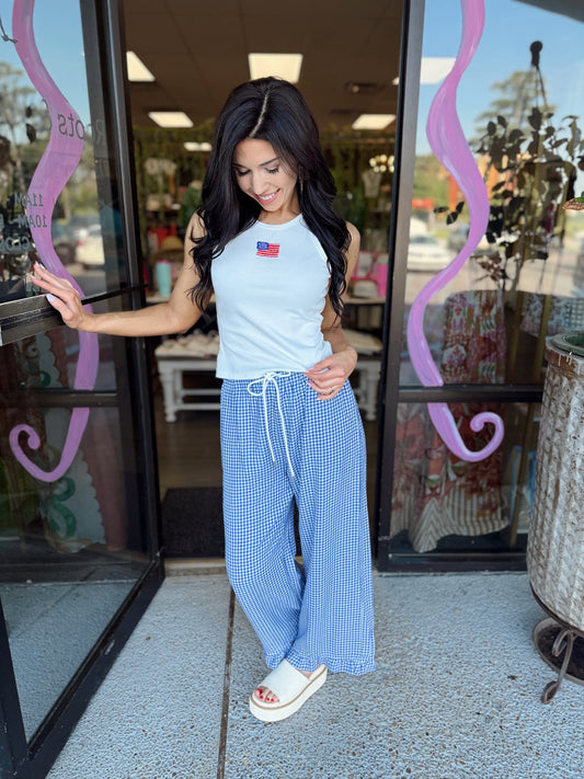 Checkered Gingham Fully Lined Pants - navy