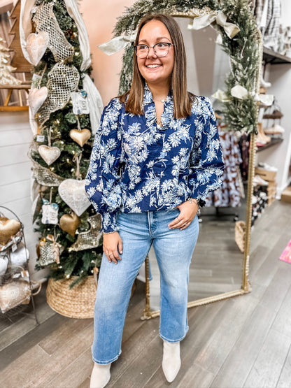 Floral Print Poplin Blouse- Navy