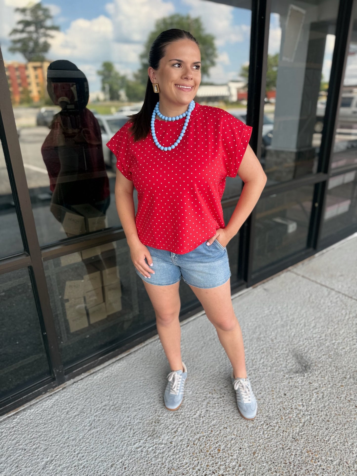 Scuba Polka Dot Relaxed Top - white/red