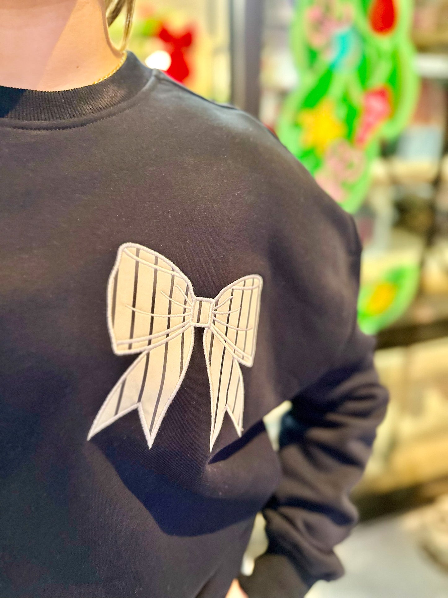 Striped Bow Patch Sweatshirt-Navy