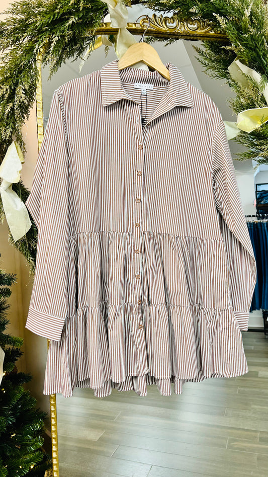 Striped Button-down Bottom Dress- Brown