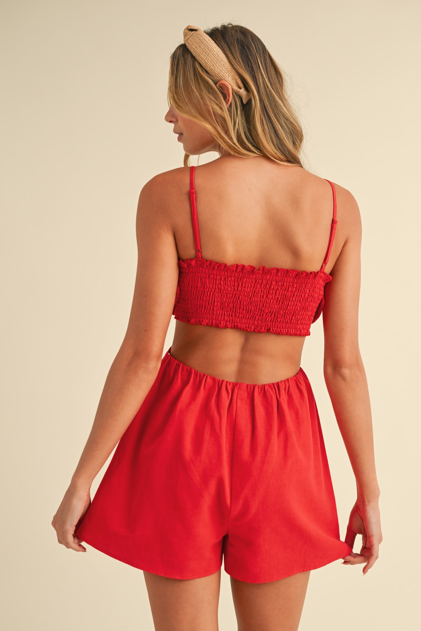Linen Flower Jumpsuit-Red