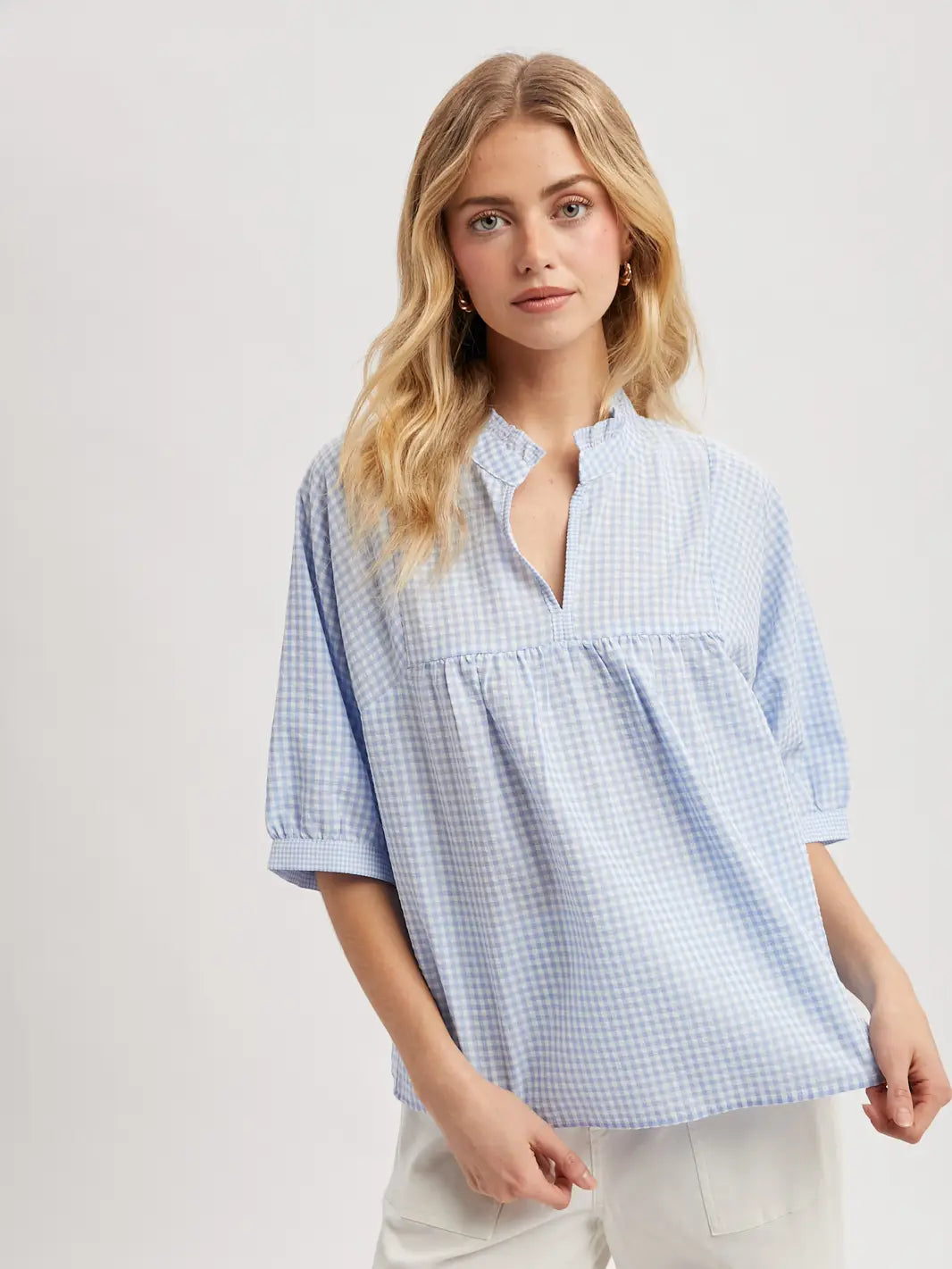 Plaid Girly Pop Top - sky/white