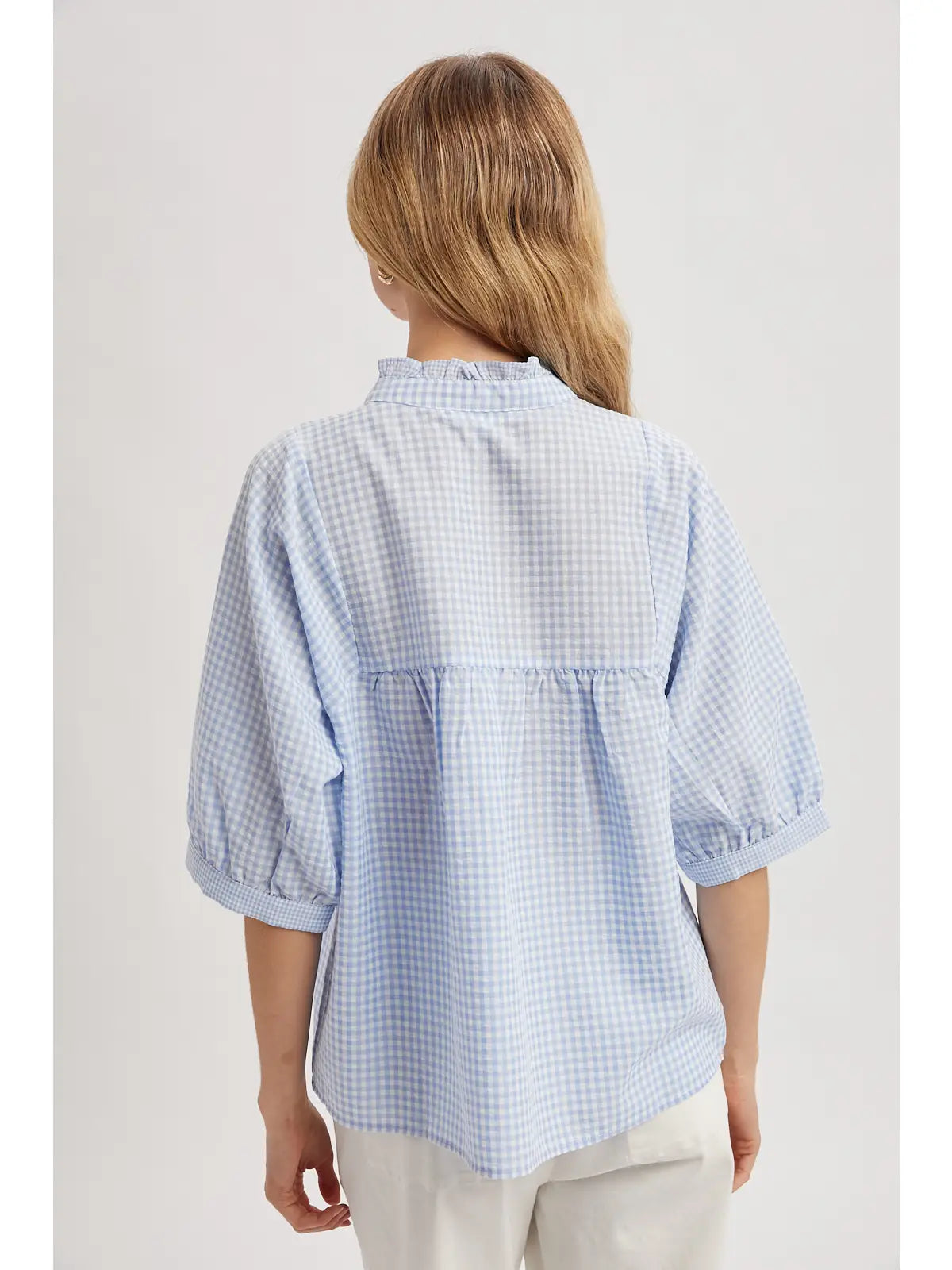 Plaid Girly Pop Top - sky/white