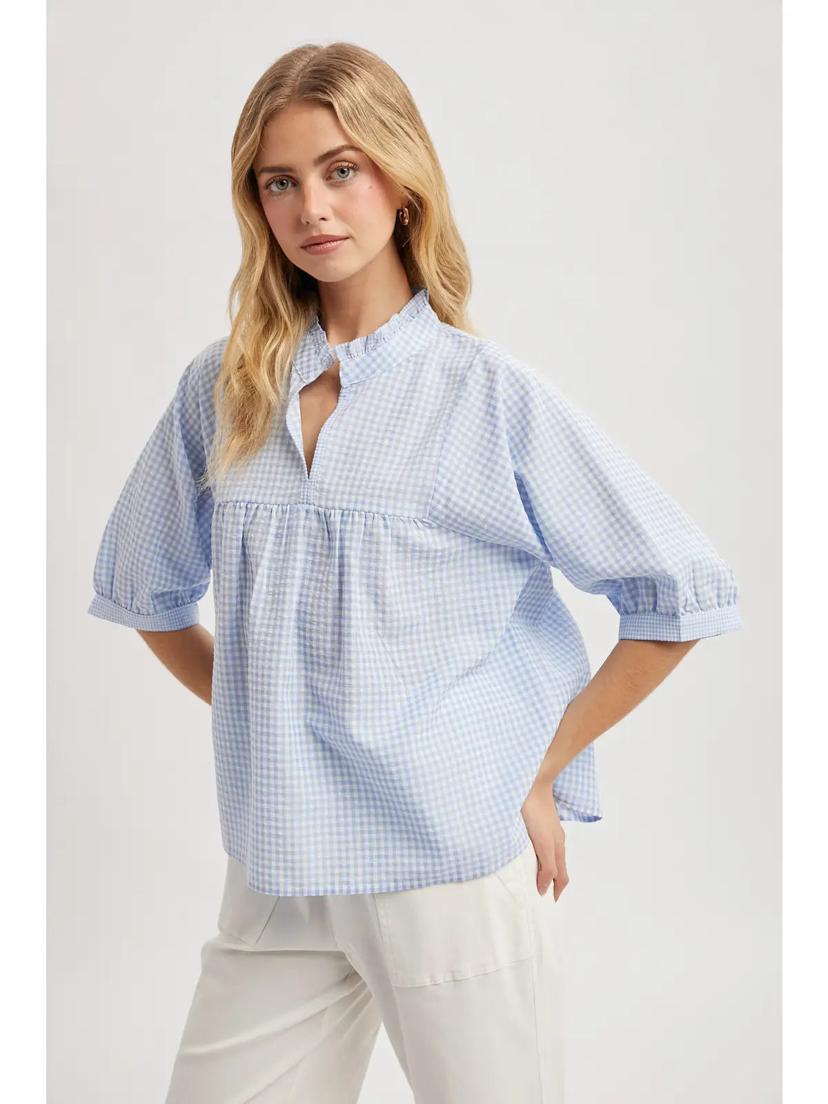 Plaid Girly Pop Top - sky/white
