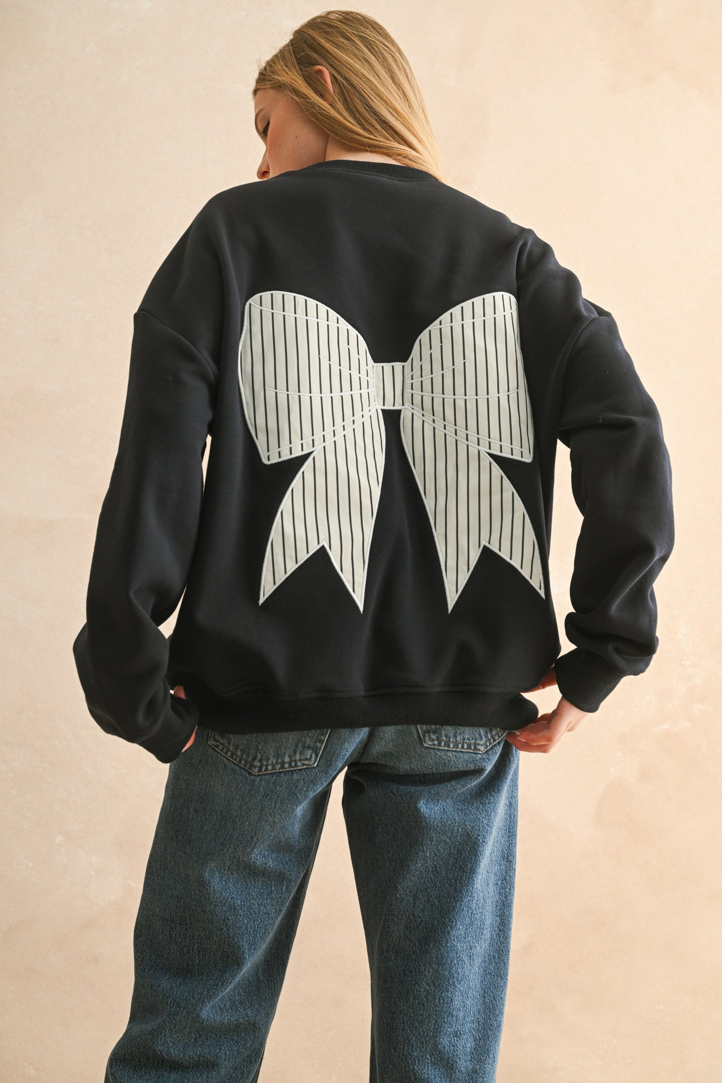 Striped Bow Patch Sweatshirt-Navy