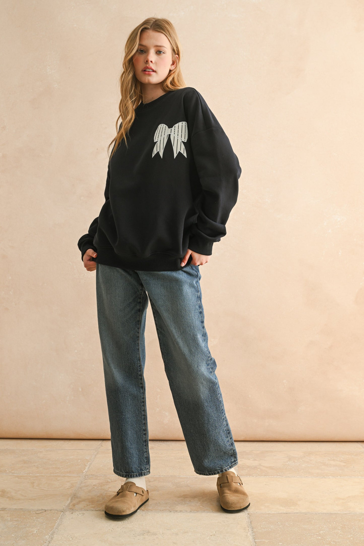 Striped Bow Patch Sweatshirt-Navy