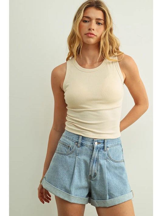 Ribbed Tank w/ Bra - Cream